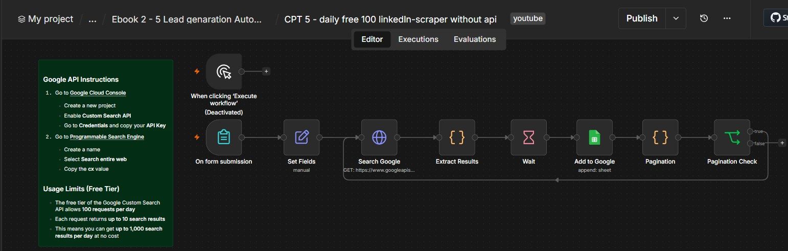 Daily Free 100 LinkedIn Scraper — No API n8n workflow Daily Free 100 LinkedIn Scraper — No API n8n workflow screenshot — n8n Lead Generation ebook